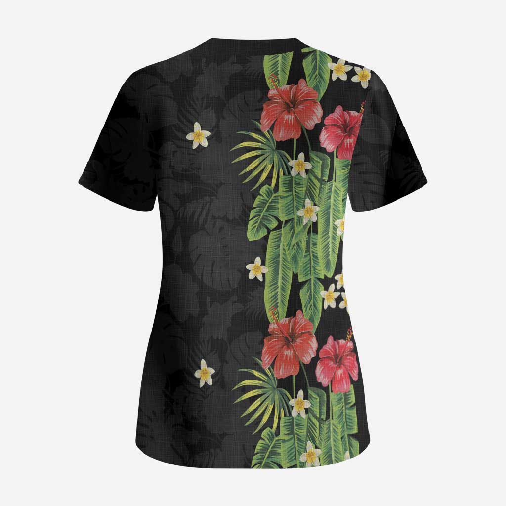 Hawaiian Hibiscus Plumeria Scrub Top Tropical Leaves