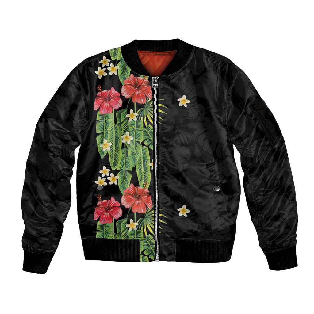 Hawaiian Hibiscus Plumeria Sleeve Zip Bomber Jacket Tropical Leaves