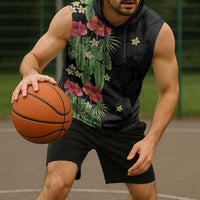Hawaiian Hibiscus Plumeria Sleeveless Hoodie Tropical Leaves