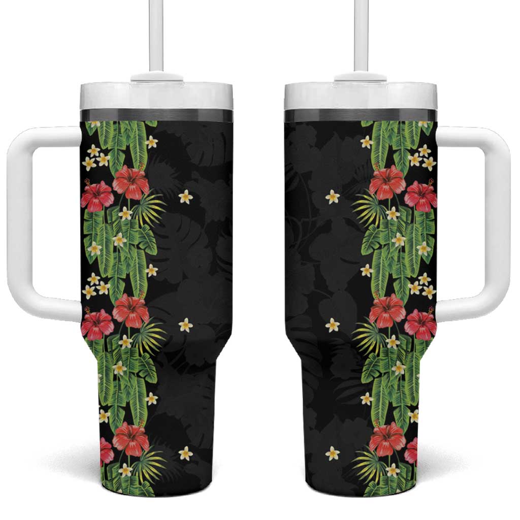 Hawaiian Hibiscus Plumeria Tumbler With Handle Tropical Leaves