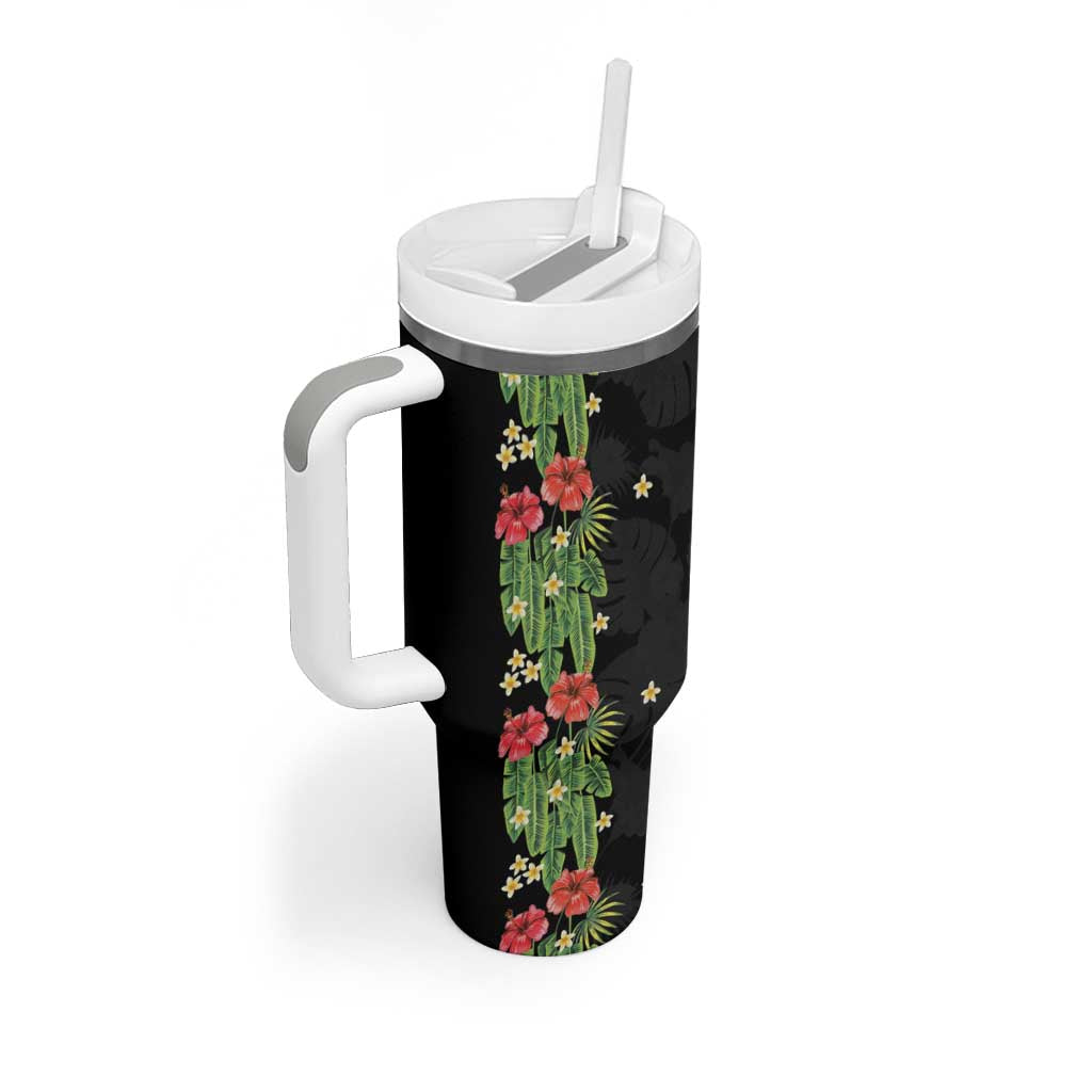 Hawaiian Hibiscus Plumeria Tumbler With Handle Tropical Leaves