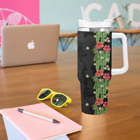 Hawaiian Hibiscus Plumeria Tumbler With Handle Tropical Leaves