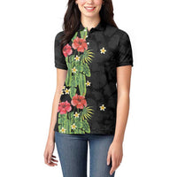 Hawaiian Hibiscus Plumeria Women Polo Shirt Tropical Leaves