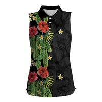 Hawaiian Hibiscus Plumeria Women Sleeveless Polo Shirt Tropical Leaves