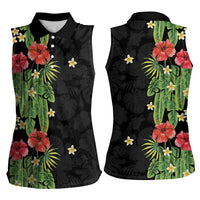Hawaiian Hibiscus Plumeria Women Sleeveless Polo Shirt Tropical Leaves