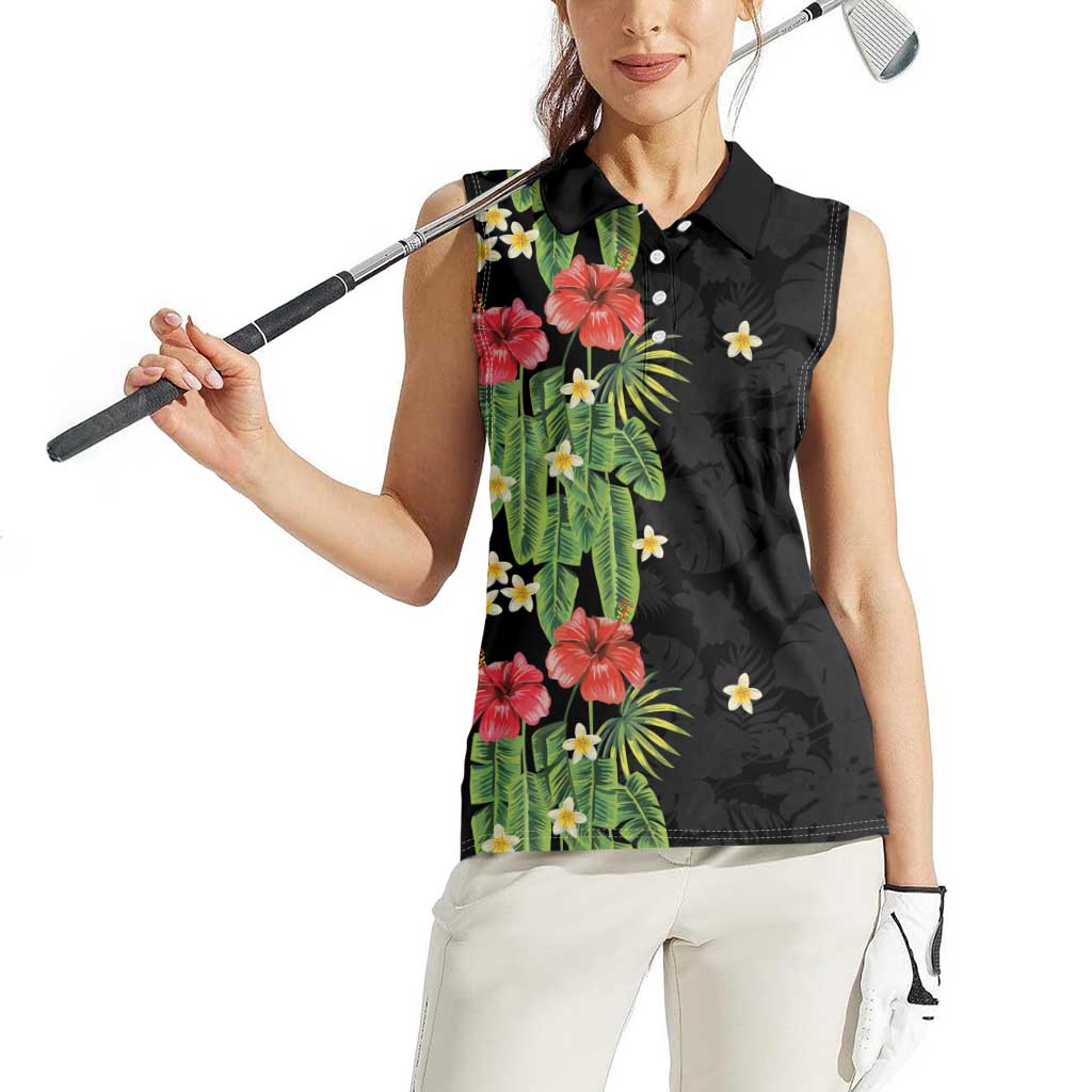 Hawaiian Hibiscus Plumeria Women Sleeveless Polo Shirt Tropical Leaves