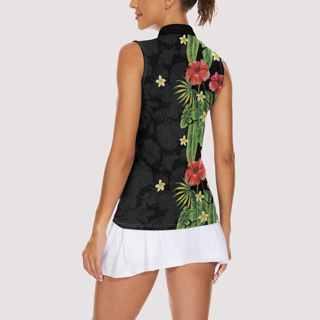 Hawaiian Hibiscus Plumeria Women Sleeveless Polo Shirt Tropical Leaves