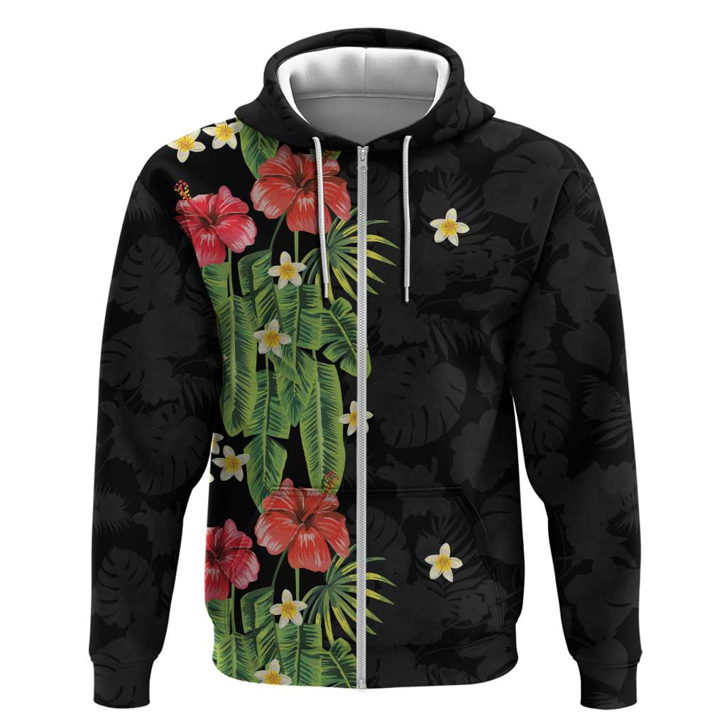 Hawaiian Hibiscus Plumeria Zip Hoodie Tropical Leaves