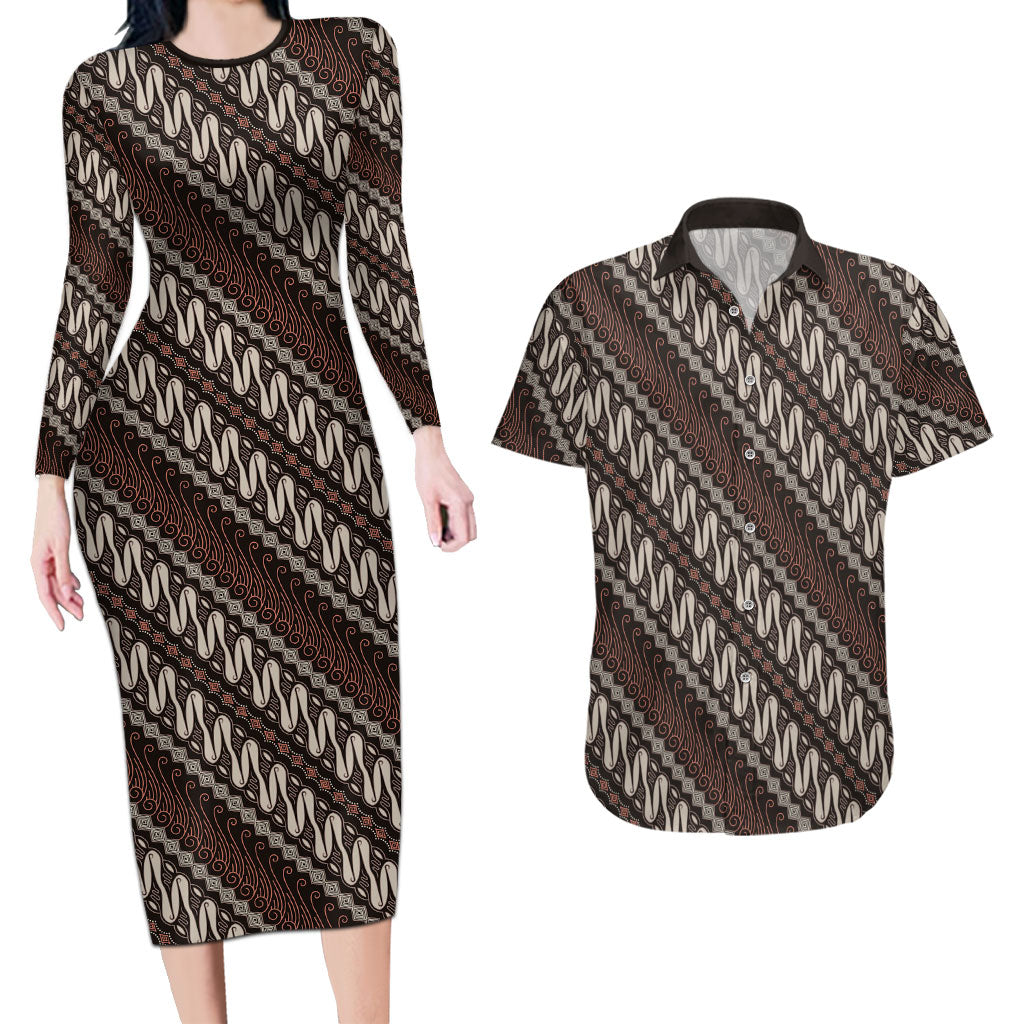 Yogyakarta Parang Batik Motifs Couples Matching Long Sleeve Bodycon Dress and Hawaiian Shirt Indonesian Traditional Pattern