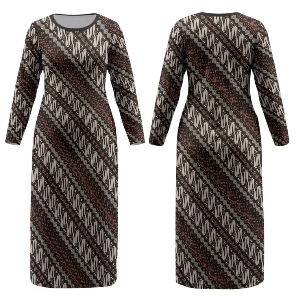 Yogyakarta Parang Batik Motifs Couples Matching Long Sleeve Bodycon Dress and Hawaiian Shirt Indonesian Traditional Pattern LT01 - Polynesian Pride
