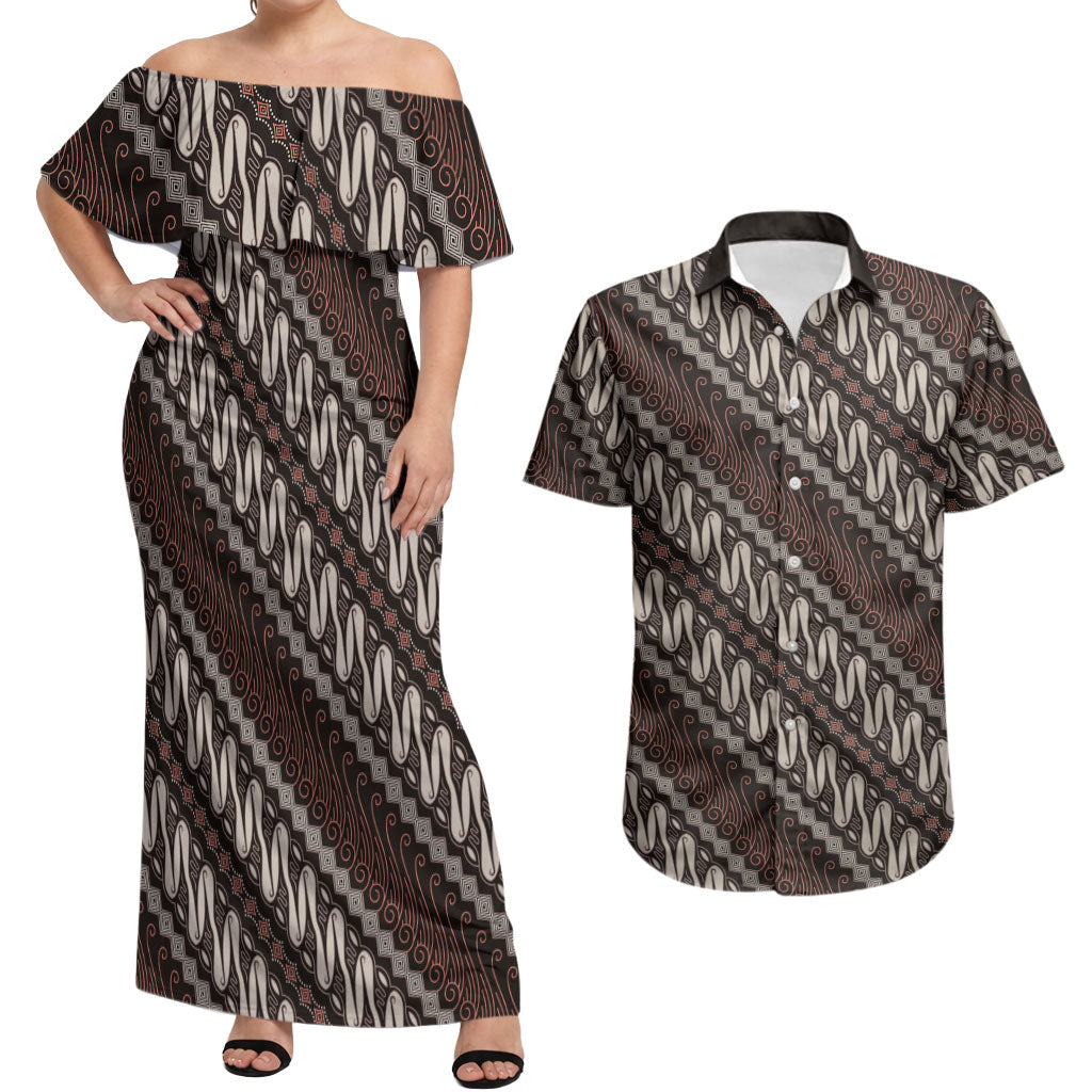 Yogyakarta Parang Batik Motifs Couples Matching Off Shoulder Maxi Dress and Hawaiian Shirt Indonesian Traditional Pattern LT01 Brown - Polynesian Pride