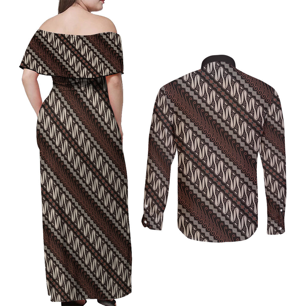 Yogyakarta Parang Batik Motifs Couples Matching Off Shoulder Maxi Dress and Long Sleeve Button Shirt Indonesian Traditional Pattern