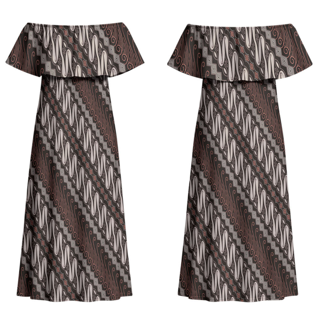 Yogyakarta Parang Batik Motifs Couples Matching Off Shoulder Maxi Dress and Long Sleeve Button Shirt Indonesian Traditional Pattern LT01 - Polynesian Pride
