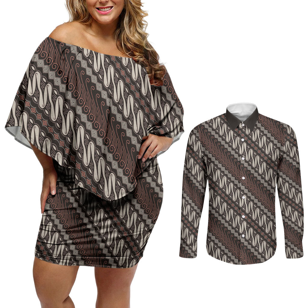 Yogyakarta Parang Batik Motifs Couples Matching Off Shoulder Short Dress and Long Sleeve Button Shirt Indonesian Traditional Pattern LT01 Brown - Polynesian Pride