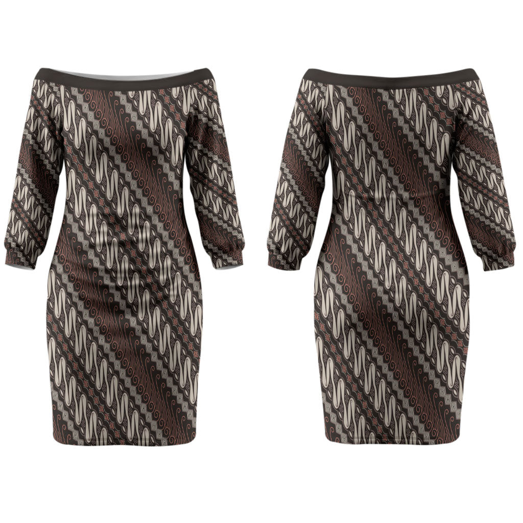 Yogyakarta Parang Batik Motifs Couples Matching Off The Shoulder Long Sleeve Dress and Long Sleeve Button Shirt Indonesian Traditional Pattern LT01 - Polynesian Pride
