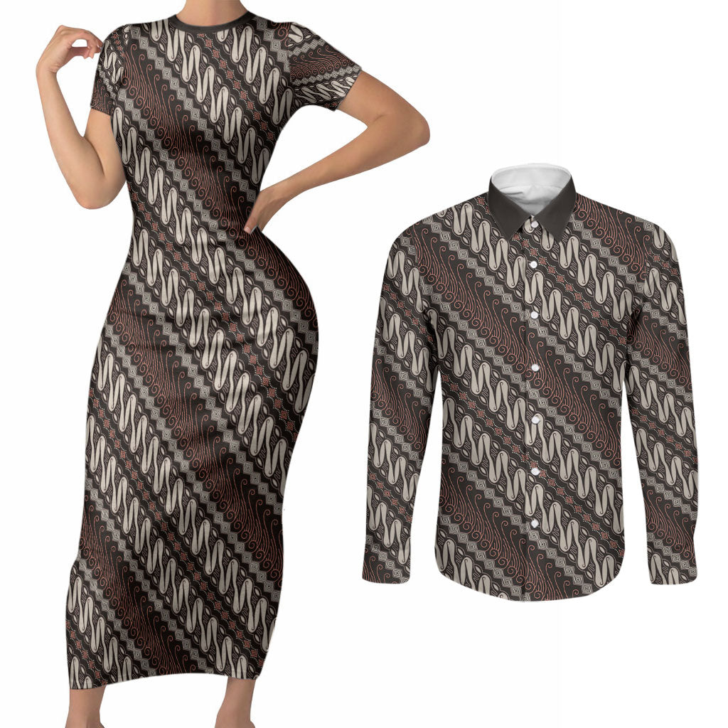 Yogyakarta Parang Batik Motifs Couples Matching Short Sleeve Bodycon Dress and Long Sleeve Button Shirt Indonesian Traditional Pattern LT01 Brown - Polynesian Pride