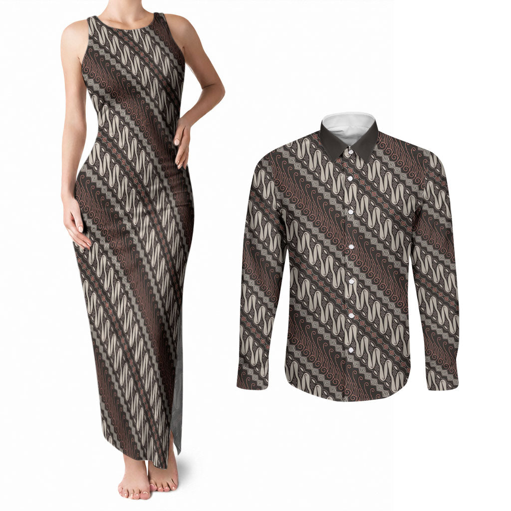 Yogyakarta Parang Batik Motifs Couples Matching Tank Maxi Dress and Long Sleeve Button Shirt Indonesian Traditional Pattern LT01 Brown - Polynesian Pride