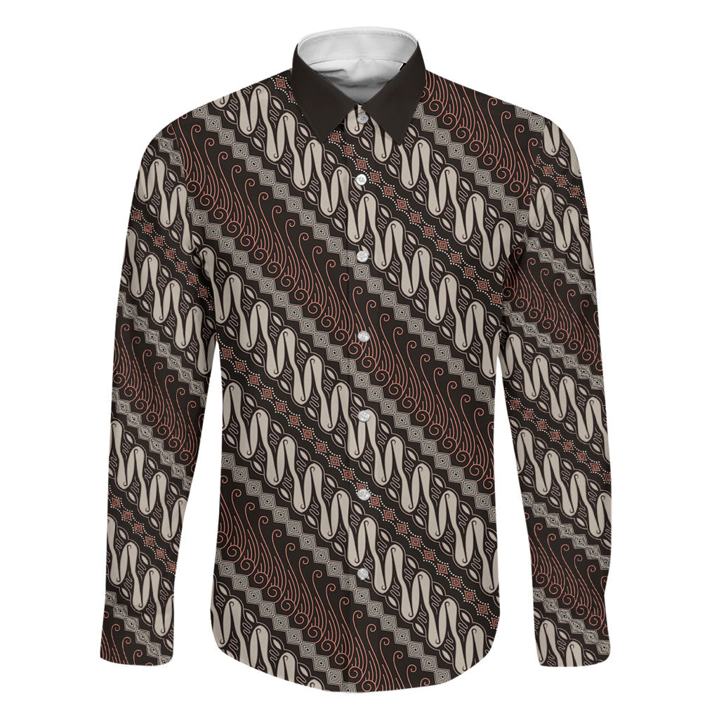 Yogyakarta Parang Batik Motifs Family Matching Long Sleeve Bodycon Dress and Hawaiian Shirt Indonesian Traditional Pattern LT01 Dad's Shirt - Long Sleeve Brown - Polynesian Pride