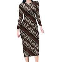 Yogyakarta Parang Batik Motifs Family Matching Long Sleeve Bodycon Dress and Hawaiian Shirt Indonesian Traditional Pattern LT01 Mom's Dress Brown - Polynesian Pride