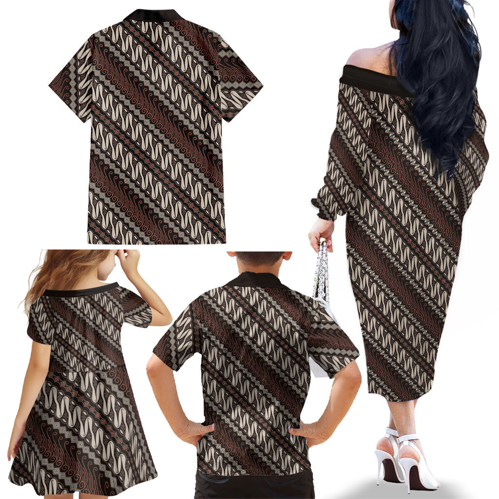 Yogyakarta Parang Batik Motifs Family Matching Off The Shoulder Long Sleeve Dress and Hawaiian Shirt Indonesian Traditional Pattern LT01 - Polynesian Pride