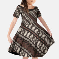 Yogyakarta Parang Batik Motifs Family Matching Off Shoulder Short Dress and Hawaiian Shirt Indonesian Traditional Pattern LT01 Daughter's Dress Brown - Polynesian Pride
