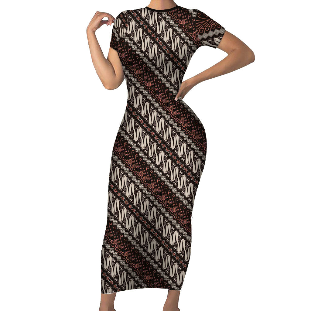 Yogyakarta Parang Batik Motifs Family Matching Short Sleeve Bodycon Dress and Hawaiian Shirt Indonesian Traditional Pattern LT01 Mom's Dress Brown - Polynesian Pride