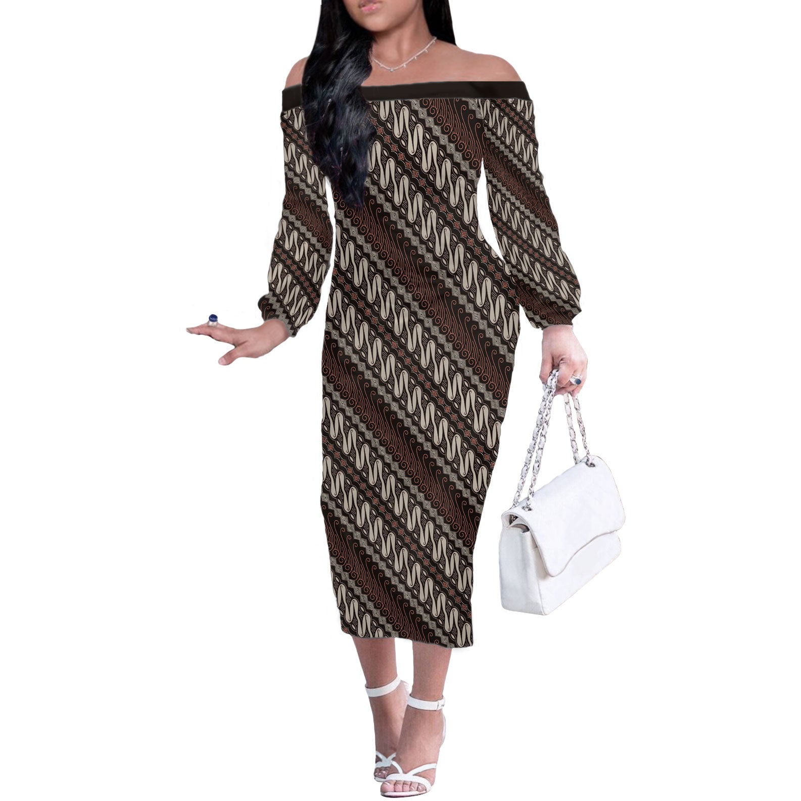 Yogyakarta Parang Batik Motifs Off The Shoulder Long Sleeve Dress Indonesian Traditional Pattern
