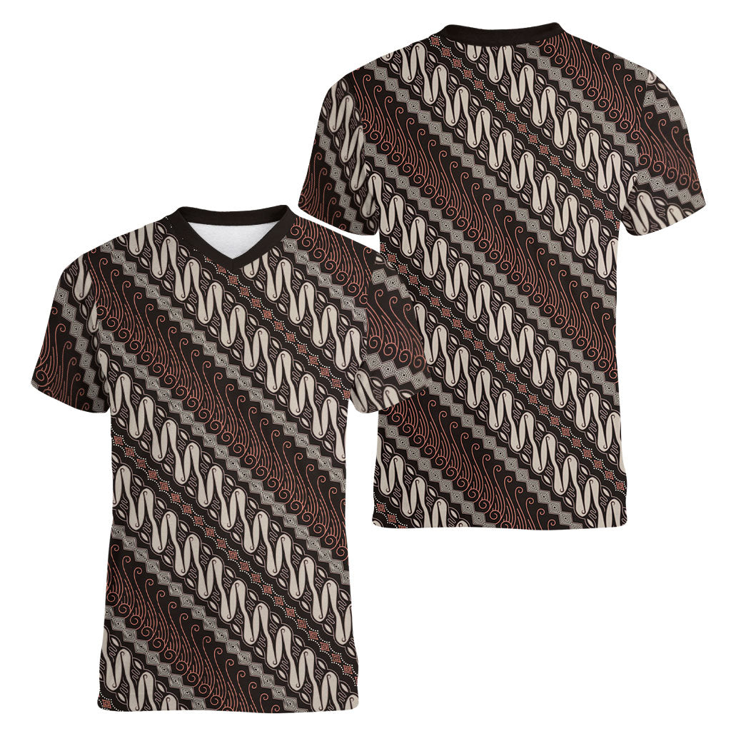 Yogyakarta Parang Batik Motifs Women V-Neck T-Shirt Indonesian Traditional Pattern