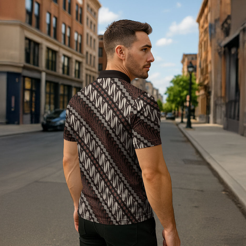 Yogyakarta Parang Batik Motifs Zipper Polo Shirt Indonesian Traditional Pattern