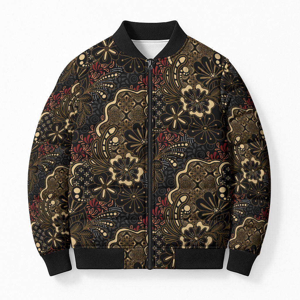 Batik Sekar Jagad Bomber Puffer Jacket Indonesian Traditional Pattern LT01 Unisex Black - Polynesian Pride