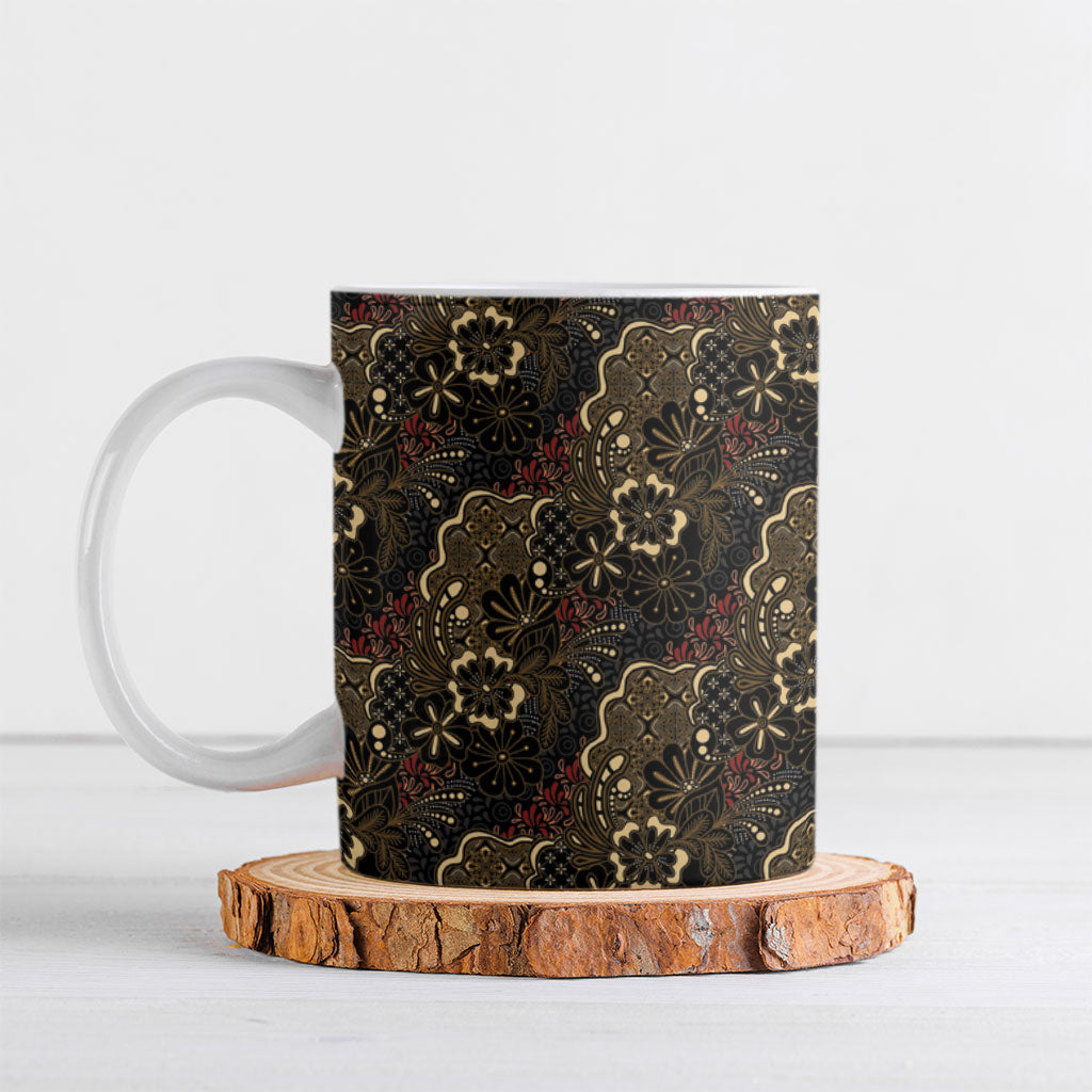 Batik Sekar Jagad Ceramic Mug Indonesian Traditional Pattern LT01 Black - Polynesian Pride