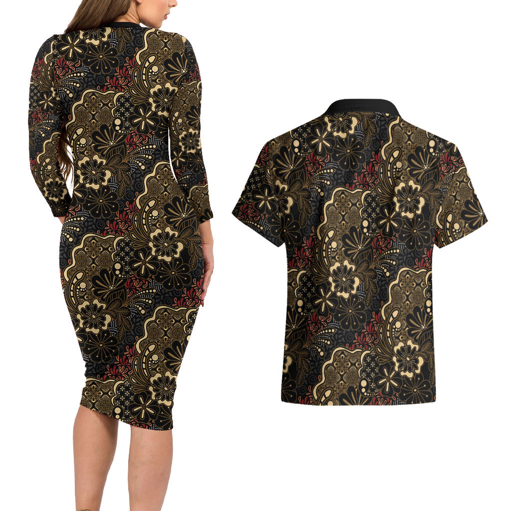 Batik Sekar Jagad Couples Matching Long Sleeve Bodycon Dress and Hawaiian Shirt Indonesian Traditional Pattern