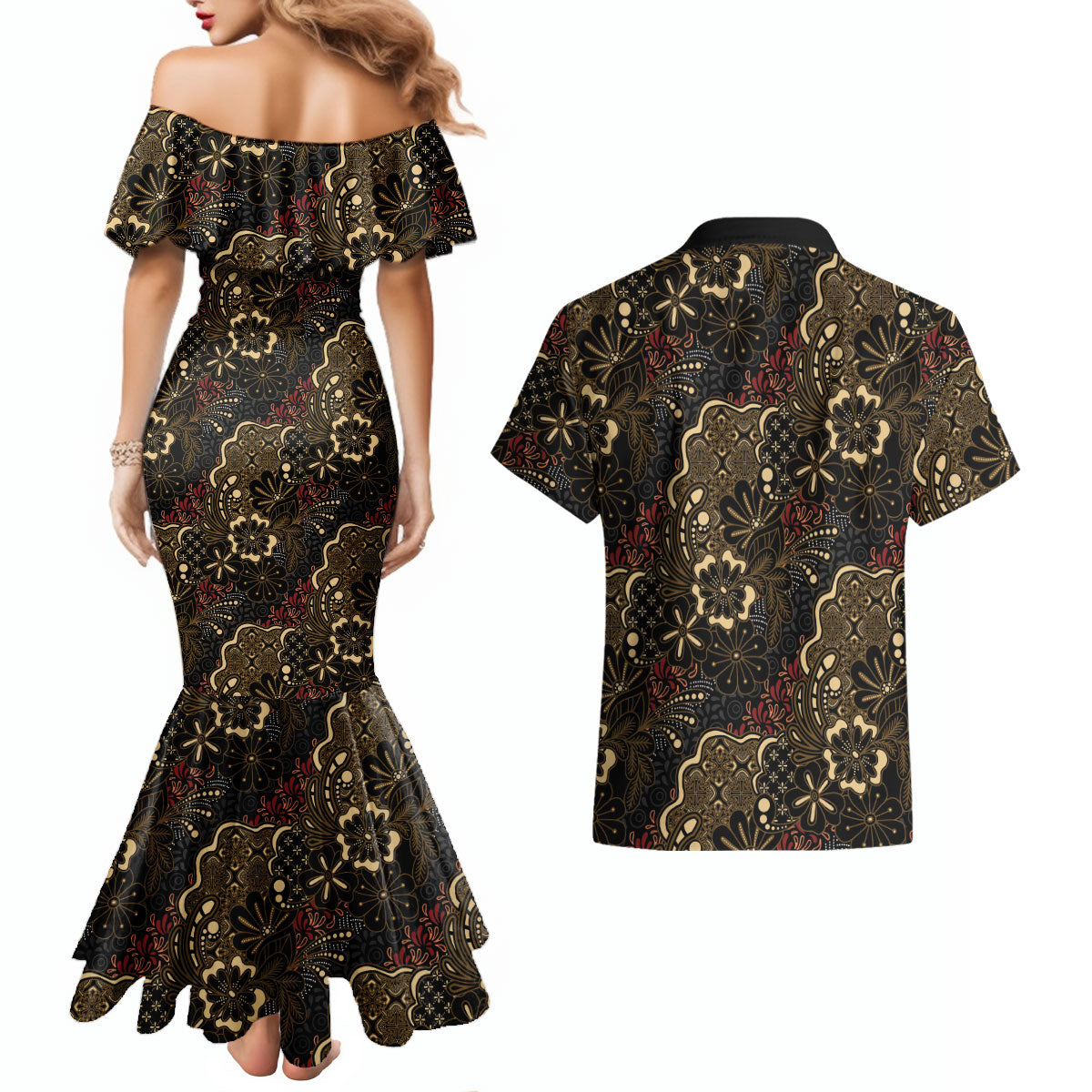 Batik Sekar Jagad Couples Matching Mermaid Dress and Hawaiian Shirt Indonesian Traditional Pattern