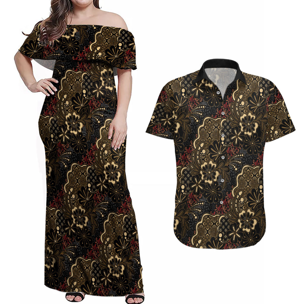 Batik Sekar Jagad Couples Matching Off Shoulder Maxi Dress and Hawaiian Shirt Indonesian Traditional Pattern