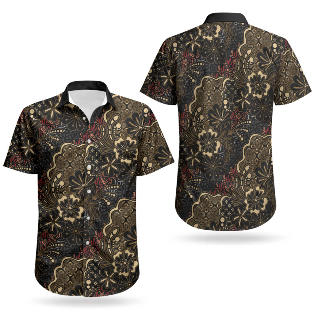 Batik Sekar Jagad Couples Matching Off Shoulder Short Dress and Hawaiian Shirt Indonesian Traditional Pattern LT01 - Polynesian Pride