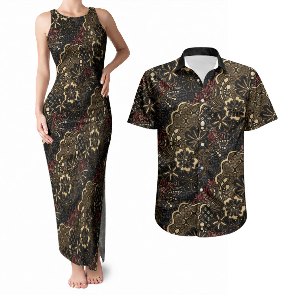 Batik Sekar Jagad Couples Matching Tank Maxi Dress and Hawaiian Shirt Indonesian Traditional Pattern LT01 Black - Polynesian Pride