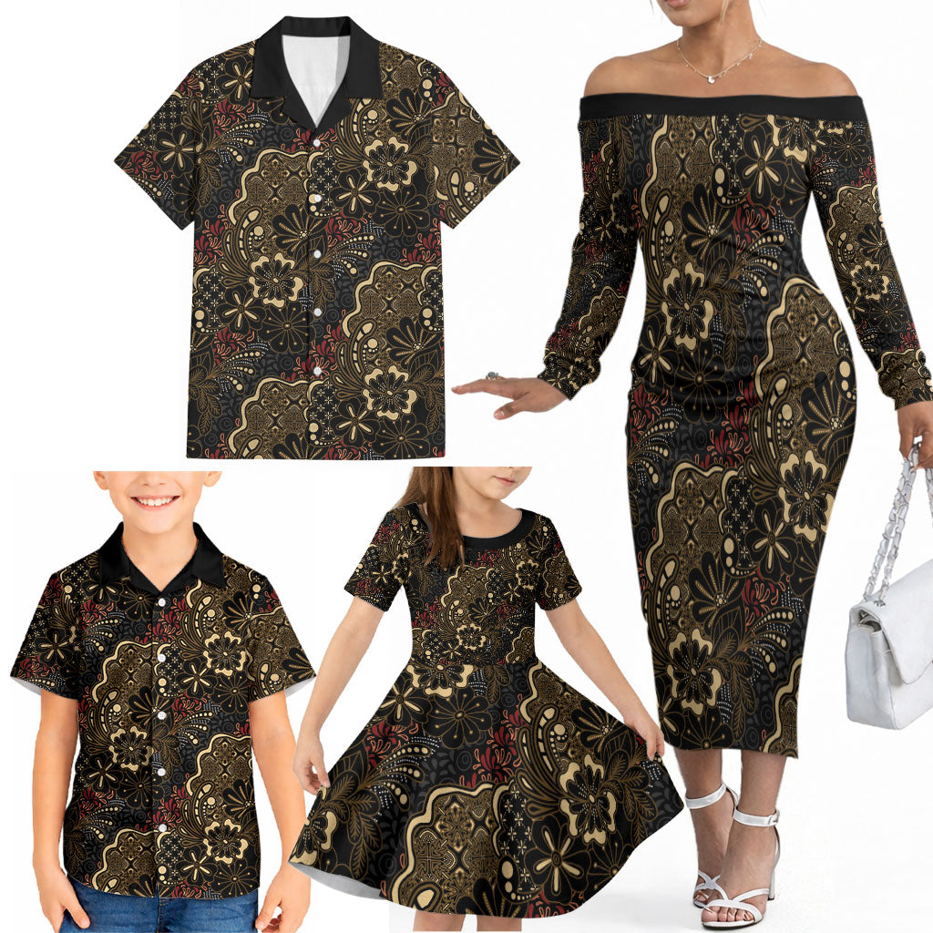 Batik Sekar Jagad Family Matching Off The Shoulder Long Sleeve Dress and Hawaiian Shirt Indonesian Traditional Pattern LT01 - Polynesian Pride