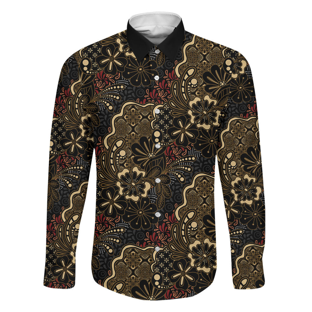 Batik Sekar Jagad Family Matching Off The Shoulder Long Sleeve Dress and Hawaiian Shirt Indonesian Traditional Pattern LT01 Dad's Shirt - Long Sleeve Black - Polynesian Pride