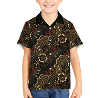 Batik Sekar Jagad Family Matching Off The Shoulder Long Sleeve Dress and Hawaiian Shirt Indonesian Traditional Pattern LT01 Son's Shirt Black - Polynesian Pride