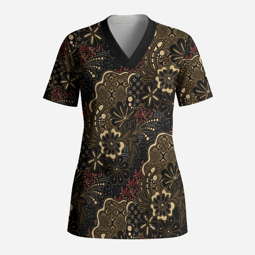 Batik Sekar Jagad Scrub Top Indonesian Traditional Pattern LT01 Adult Black - Polynesian Pride