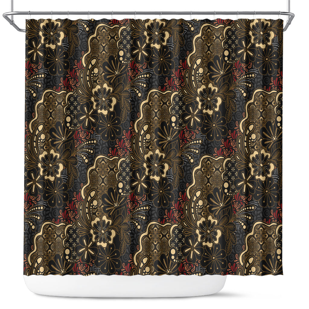 Batik Sekar Jagad Shower Curtain Indonesian Traditional Pattern LT01 Black - Polynesian Pride