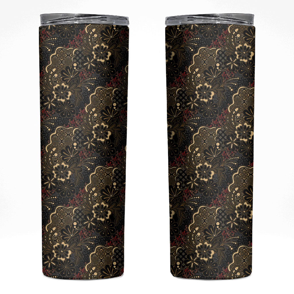 Batik Sekar Jagad Skinny Tumbler Indonesian Traditional Pattern LT01 Black - Polynesian Pride