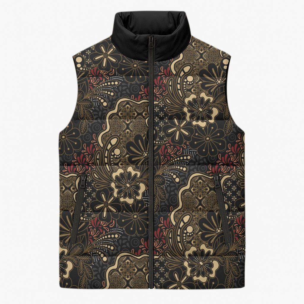 Batik Sekar Jagad Sleeveless Puffer Jacket Indonesian Traditional Pattern LT01 Unisex Black - Polynesian Pride