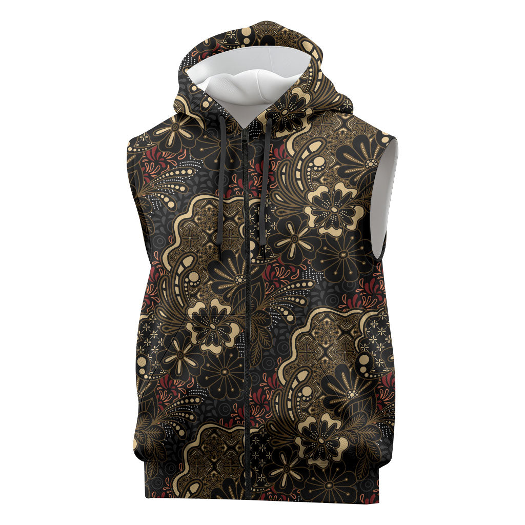 Batik Sekar Jagad Sleeveless Zip Hoodie Indonesian Traditional Pattern LT01 Black - Polynesian Pride