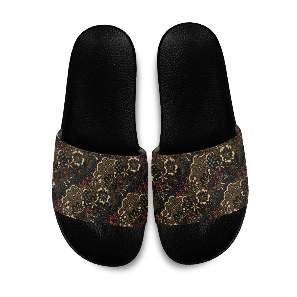 Batik Sekar Jagad Slide Sandals Indonesian Traditional Pattern LT01 Black - Polynesian Pride