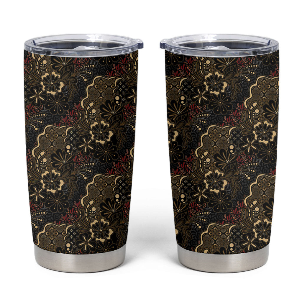 Batik Sekar Jagad Tumbler Cup Indonesian Traditional Pattern LT01 Black - Polynesian Pride