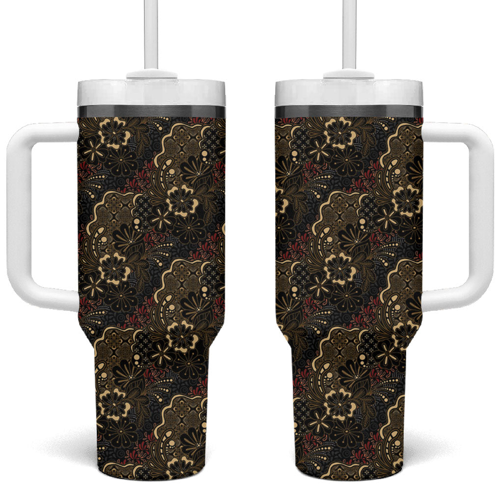 Batik Sekar Jagad Tumbler With Handle Indonesian Traditional Pattern LT01 One Size: 40 oz Black - Polynesian Pride