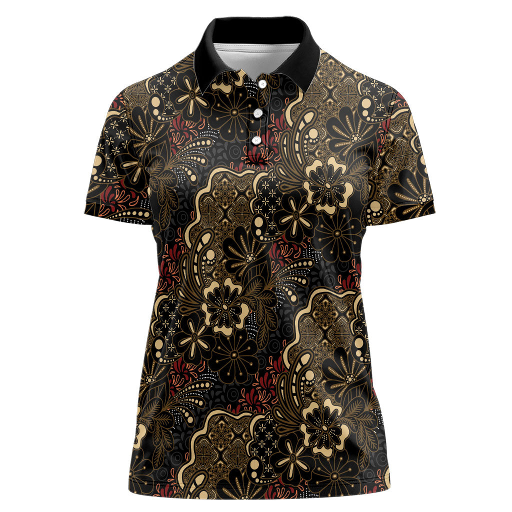 Batik Sekar Jagad Women Polo Shirt Indonesian Traditional Pattern LT01 Female Black - Polynesian Pride