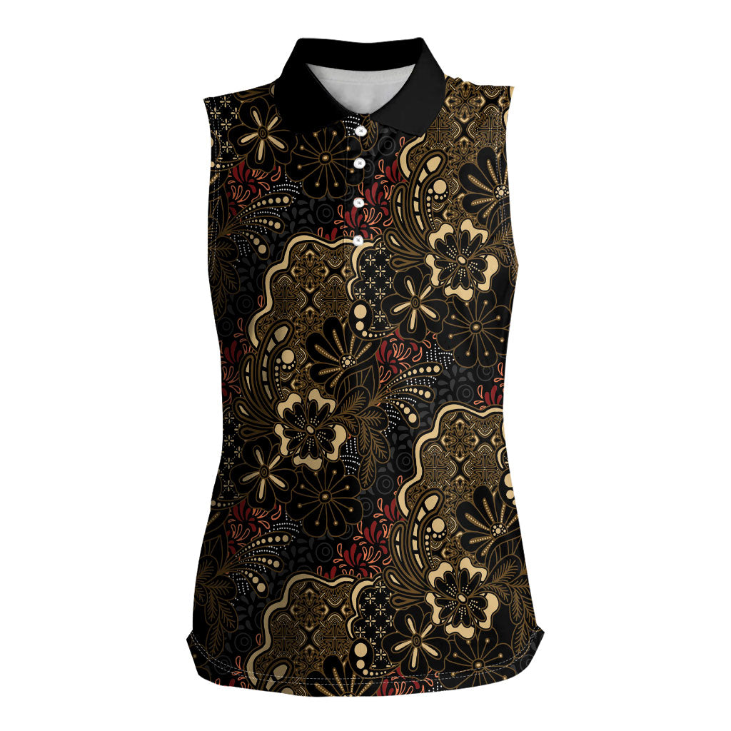 Batik Sekar Jagad Women Sleeveless Polo Shirt Indonesian Traditional Pattern LT01 Female Black - Polynesian Pride