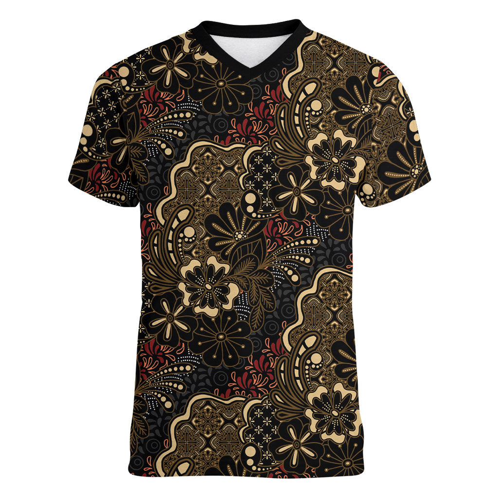 Batik Sekar Jagad Women V-Neck T-Shirt Indonesian Traditional Pattern LT01 Female Black - Polynesian Pride